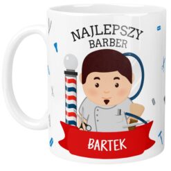 Kubek personalizowany dla barbera z napisem NAJLEPSZY BARBER oraz imieniem Bartek, z grafiką fryzjera i symbolami fryzjerskimi