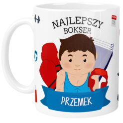 Personalizowany kubek dla boksera MMA z imieniem Przemek i kolorową grafiką boksera w niebieskim stroju