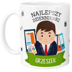 Kubek z napisem Najlepszy Dziennikarz oraz imieniem Grzesiek i grafiką mężczyzny w garniturze
