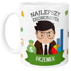 Biały kubek dla ekonomisty z ilustracją mężczyzny w okularach oraz napisem Najlepszy Ekonomista Przemek