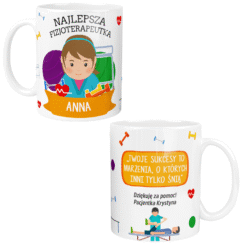 Biały kubek z kolorowymi grafikami i napisem 'Najlepsza Fizjoterapeutka Anna' oraz cytatem podziękowania od pacjentki