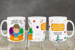 Kubek dla fizjoterapeutki z ilustracją kobiety i napisem Najlepsza Fizjoterapeutka Anna oraz motywacyjnym cytatem i podziękowaniem