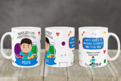 Kubek dla fizjoterapeuty z napisem Najlepszy Fizjoterapeuta oraz imieniem Piotr, z kolorowymi ikonami i motywem rehabilitacji