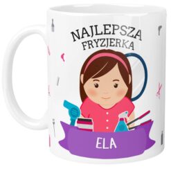 Personalizowany kubek dla fryzjerki z grafiką kobiety i napisem Najlepsza Fryzjerka Ela