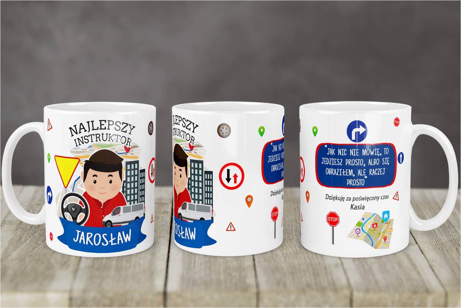 Kubek Dla Instruktora Nauki Jazdy Personalizowany | Kreatorprezentu.pl Kubek dla instruktora nauki jazdy z napisem Najlepszy Instruktor Jarosław i rysunkiem drogowym