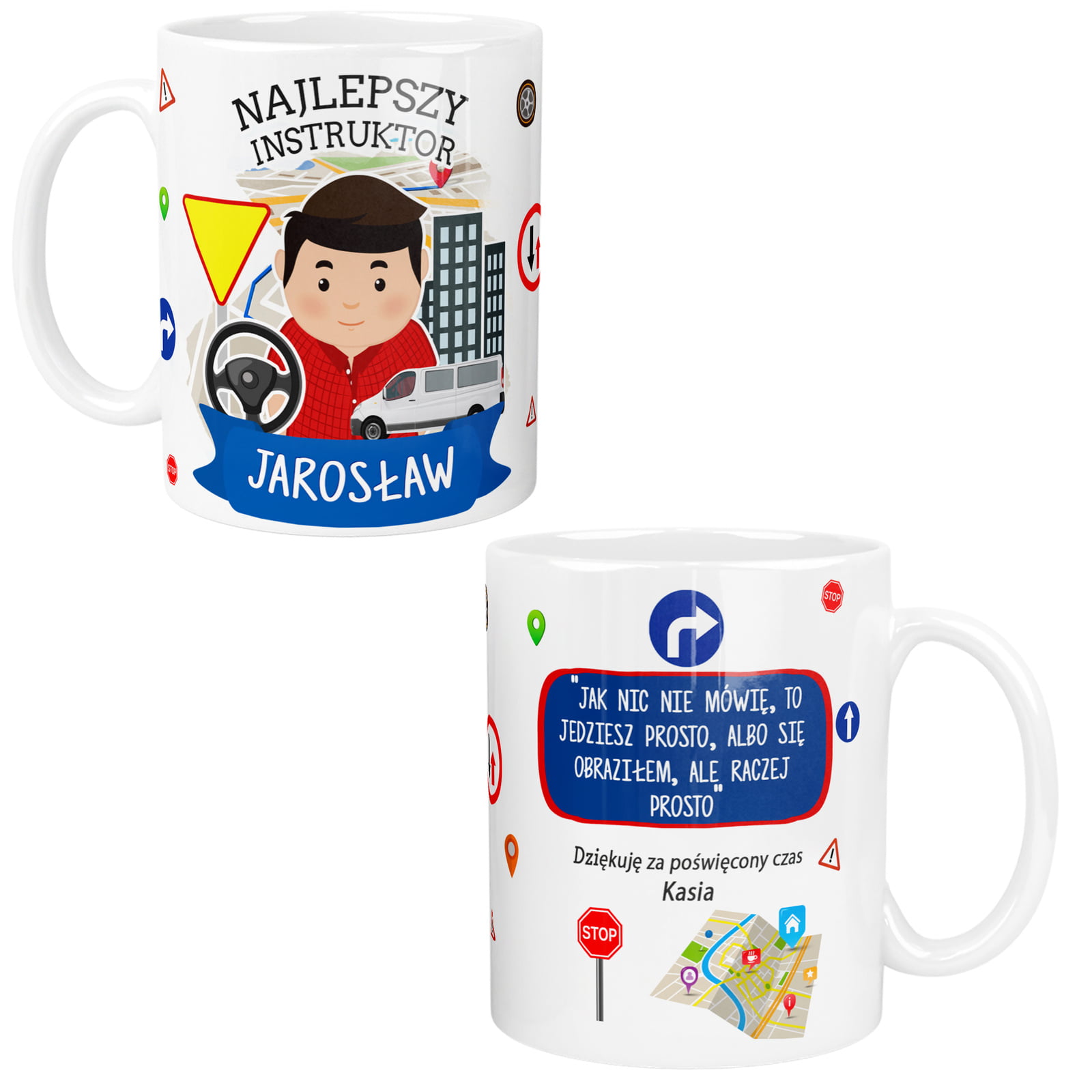 Kubek Dla Instruktora Nauki Jazdy Personalizowany | Kreatorprezentu.pl Kubek dla Instruktora Nauki Jazdy z imieniem Jarosław i grafiką związana z ruchem drogowym