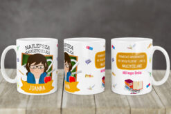 Kubek personalizowany dla nauczycielki z ilustracją i napisem Najlepsza Nauczycielka Joanna