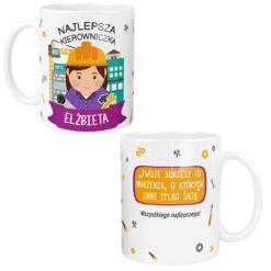 Kubek dla kierowniczki budowy z grafiką kobiety w kasku, napisem Najlepsza Kierowniczka Elżbieta oraz motywami budowlanymi