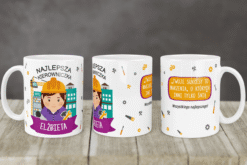 Kubek personalizowany dla kierowniczki budowy z napisem "Najlepsza Kierowniczka Elżbieta" i ilustracją kobiety z kaskiem