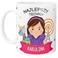 Biały kubek z nadrukiem postaci kobiecej technik telekomunikacji i napisem Najlepszy Technik Karolina