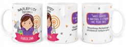 Kubek z personalizacją dla konsultantki telefonicznej z napisem Najlepszy Technik Karolina oraz motywami technicznymi
