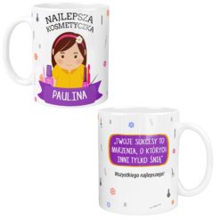 Biały kubek dla kosmetyczki z ilustracją kobiety i nadrukiem personalizowanym z imieniem Paulina