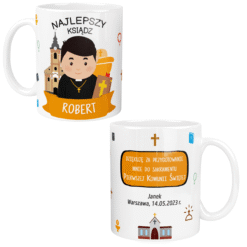 Personalizowany kubek dla księdza z napisem ‚Najlepszy Ksiądz Robert’ oraz podziękowaniem za przygotowanie do Pierwszej Komunii Świętej