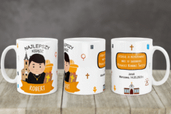 Personalizowany kubek dla księdza z ilustracją duchownego i dziękczynieniem za przygotowanie do Pierwszej Komunii Świętej