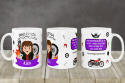 Kubek dla motocyklistki z napisem 'Najlepsza Motocyklistka Aśka' i motocyklowymi wzorami