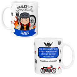 Kubek dla motocyklisty z napisem Najlepszy Motocyklista Janek oraz ilustracją motocyklisty i motocykla