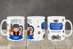 Kubek personalizowany dla motocyklisty z imieniem Janek i motocyklowym motywem graficznym