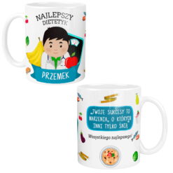 Kubek dla Najlepszego Dietetyka z imieniem Przemek i motywami zdrowego jedzenia.