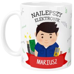 Kubek biały z nadrukiem postaci elektronika i napisem Najlepszy Elektronik oraz imieniem Mariusz
