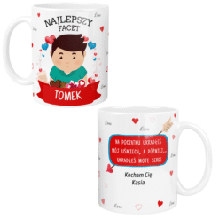 Personalizowany kubek na rocznicę z napisem Najlepszy Facet Tomek i miłosnym tekstem