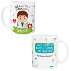 Kubek personalizowany z napisem Najlepszy Pan Doktor Wiktor z grafiką lekarza i symbole medyczne