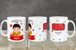 Personalizowany kubek dla najlepszego męża z imieniem Jarek i ilustracją mężczyzny z bukietem i obrączkami