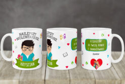 Kubek personalizowany dla najlepszego wolontariusza z imieniem Krystian i podziękowaniami na białym tle