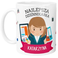 Kubek z napisem Najlepsza Dziennikarka i imieniem Katarzyna oraz grafiką kobiety i ikonami biurowymi