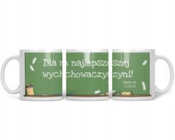Kubek z napisem Dla najlepszej wychowawczyni z zielonym tłem i motywem tablicy szkolnej
