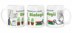 Kubek biały z napisem Najlepszy nauczyciel biologii i rysunkami roślin, mikroskopu i książek