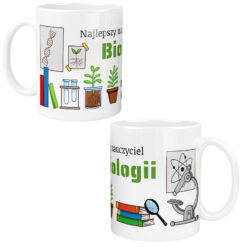 Kubek dla nauczyciela biologii z kolorowymi ilustracjami roślin, probówek i mikroskopu