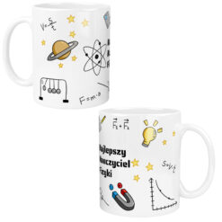 Biały kubek dla nauczyciela fizyki z ilustracjami planet, wzorów fizycznych i napisem Najlepszy Nauczyciel Fizyki