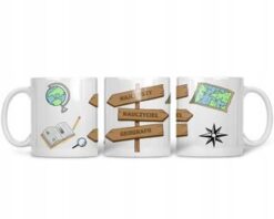 Kubek dla nauczyciela geografii z motywami mapy, globu i kierunkowskazów