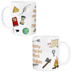 Kubek personalizowany dla nauczyciela historii z kolorowymi ilustracjami i napisem