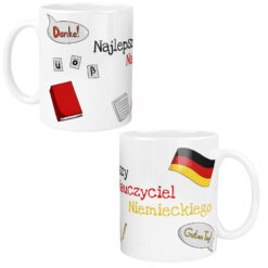 Biały kubek dla nauczyciela języka niemieckiego z kolorowymi napisami i grafikami książek oraz flagą Niemiec