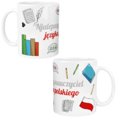 Kubek dla nauczyciela języka polskiego z napisem i ilustracjami przyborów szkolnych