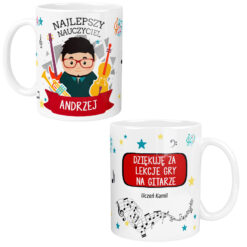 Kubek dla nauczyciela muzyki z personalizacją imienia i podziękowaniem za lekcje gry na gitarze