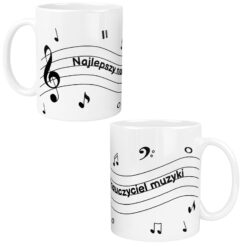 Biały kubek z nadrukiem nut i napisem Najlepszy nauczyciel muzyki