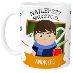 Kubek z ilustracją nauczyciela, napisem Najlepszy Nauczyciel i imieniem Andrzej