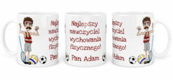 Kubek z napisem dla nauczyciela wychowania fizycznego z imieniem Pan Adam i ilustracją nauczyciela w stroju sportowym