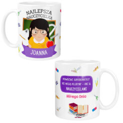 Kubek personalizowany dla nauczycielki Joanny z napisem Najlepsza Nauczycielka i ilustracją nauczycielki przed tablicą