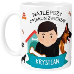 Kubek z napisem 'Najlepszy Opiekun Zwierząt' i imieniem Krystian, z grafiką chłopca oraz psa i elementami zwierzęcymi