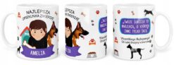 Kubek personalizowany dla opiekunki zwierząt z napisem i grafiką psa oraz postacią kobiety