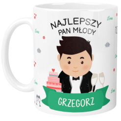 Kubek z napisem Najlepszy Pan Młody i imieniem Grzegorz oraz grafiką pana młodego w garniturze