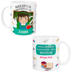 Kubek z napisem Najlepsza Nauczycielka Joanna z grafiką nauczycielki i motywami szkolnymi