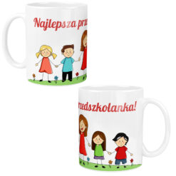 Biały kubek z nadrukiem dzieci trzymających się za ręce i napisem Najlepsza przedszkolanka