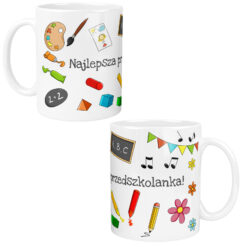 Kubek biały z kolorowymi rysunkami i napisem Najlepsza pani przedszkolanka