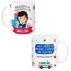 Kubek personalizowany dla ratowniczki medycznej z napisem Najlepsza Pani Ratownik Marlena oraz grafikami medycznymi