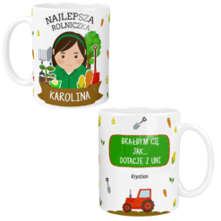 Kubek personalizowany dla rolniczki z imieniem Karolina i zabawnym napisem o dotacjach z Unii