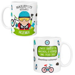 Kubek dla rowerzysty z grafiką kolarza i napisem Najlepszy Kolarz Przemek oraz motywami rowerowymi